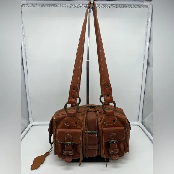 ROOTS VINTAGE Cognac Brown Leather Mini Emily Tassel Double Handles Shoulder Bag - Picture 4 of 16